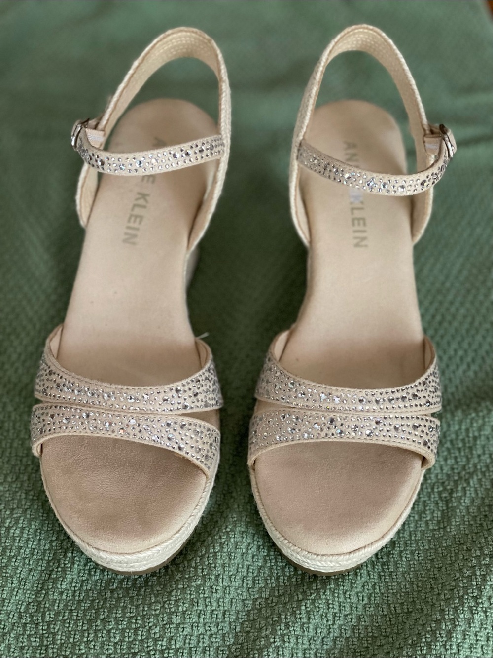 Anne Klein Nude Crystal-Strap Espadrille Wedge Sandals NWOB
